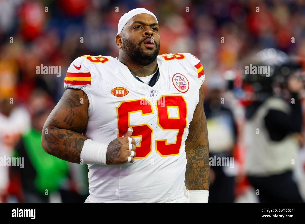 Kansas City Chiefs defensive tackle Mike Pennel Jr. (69) reacts during the  second half of an NFL football game against the New England Patriots on  Sunday, Dec. 17, 2023, in Foxborough, Mass. (