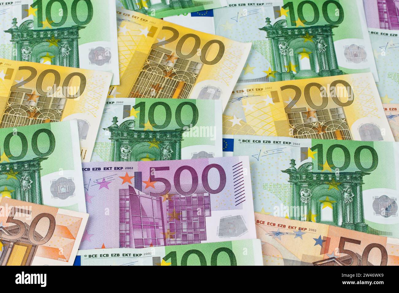 Verschiedene Euro-Banknoten, Euro, Euros, geldscheine, Euroscheine, 50, 100, 200, 500, 50er, 100er, 200er, 500er, Eurobanknoten, Geldscheine, Stock Photo