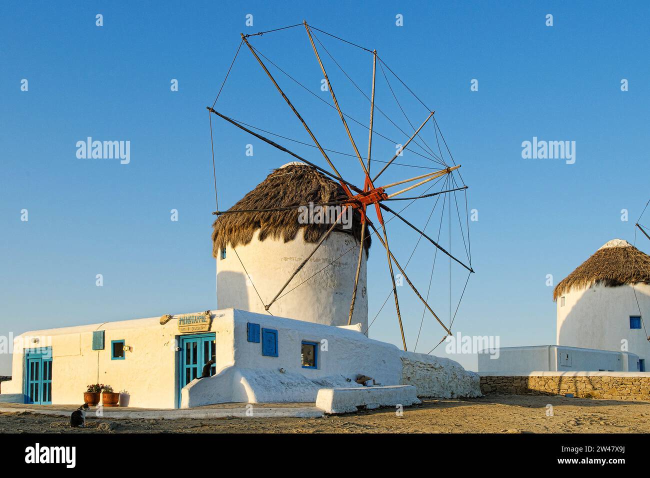 Die Windmühlen auf der Insel Mykonos, Griechenland, Kykladen, Ägäis, Stock Photo