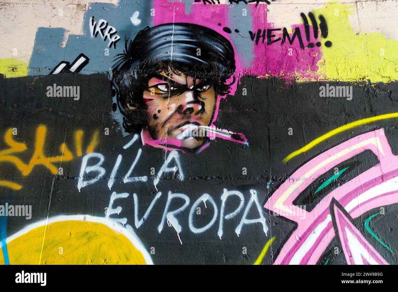 Street art graffiti on the wall with the inscription Bílá Evropa