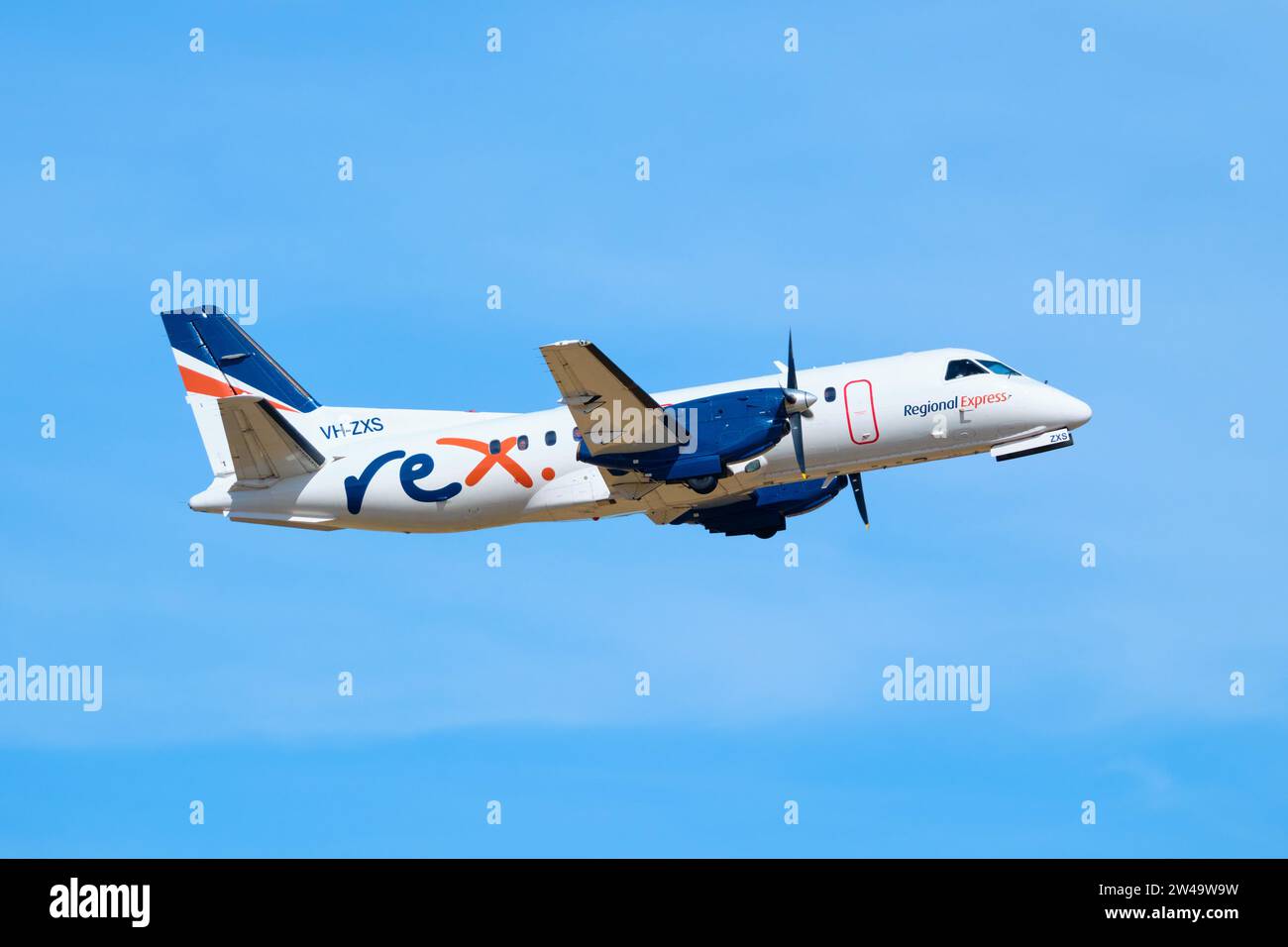 A Rex Airlines VH-ZXS Saab 340B aircraft, an Australian regional airline, taking off from Perth Airport, Western Australia. Stock Photo