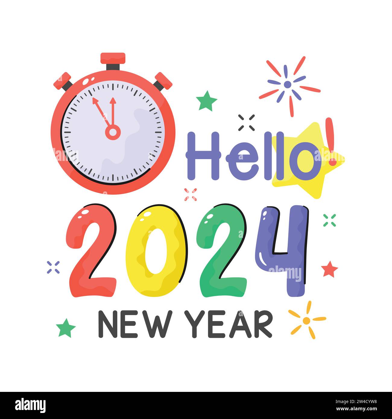 New year 2024 countdown hand drawn sticker, hello 2024 countdown icon Stock Vector