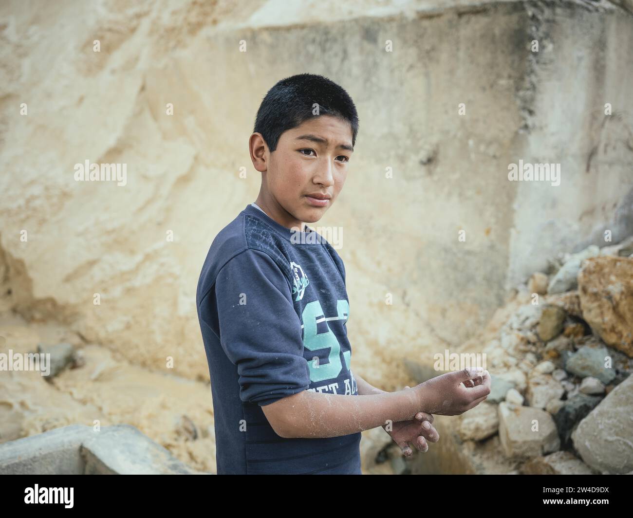 Boy at work in a kaolin mine, Pachacayo, Peru Stock Photo