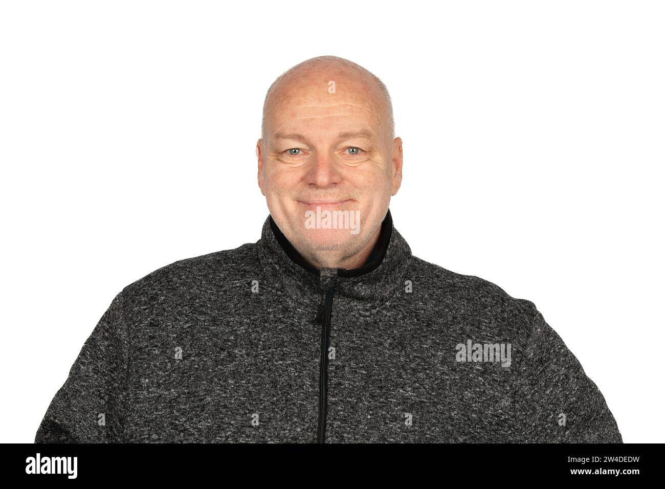 Smiling 58-Year-Old Caucasian Man in Grey Sweater Jacket Portrait Stock Photo