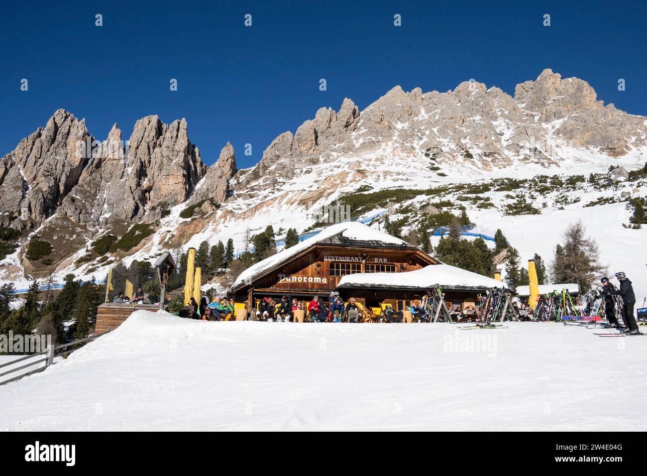 Baita Panorama hut, Cirspitzen and Grand Cir, ski area, Sella Ronda, Gardena Pass, Autonomous Region of Trento, South Tyrol, Italy Stock Photo