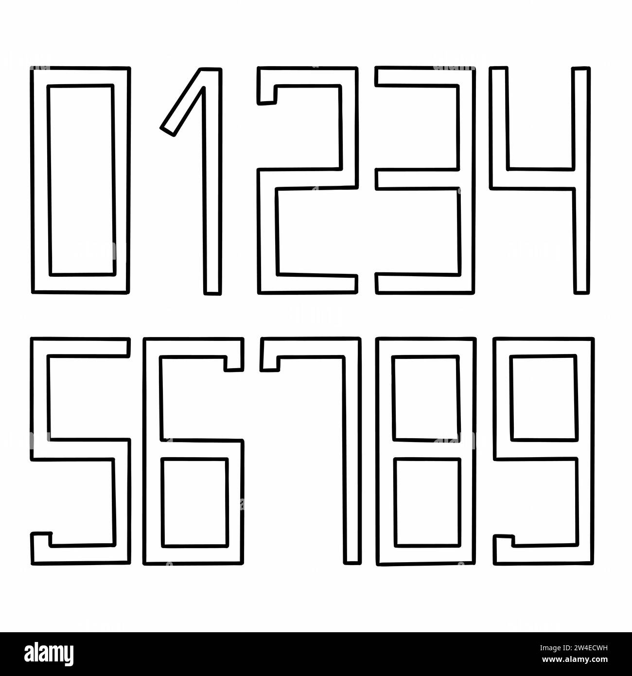 Rectangular capital outline black digits numbers font from 0 to 9 font