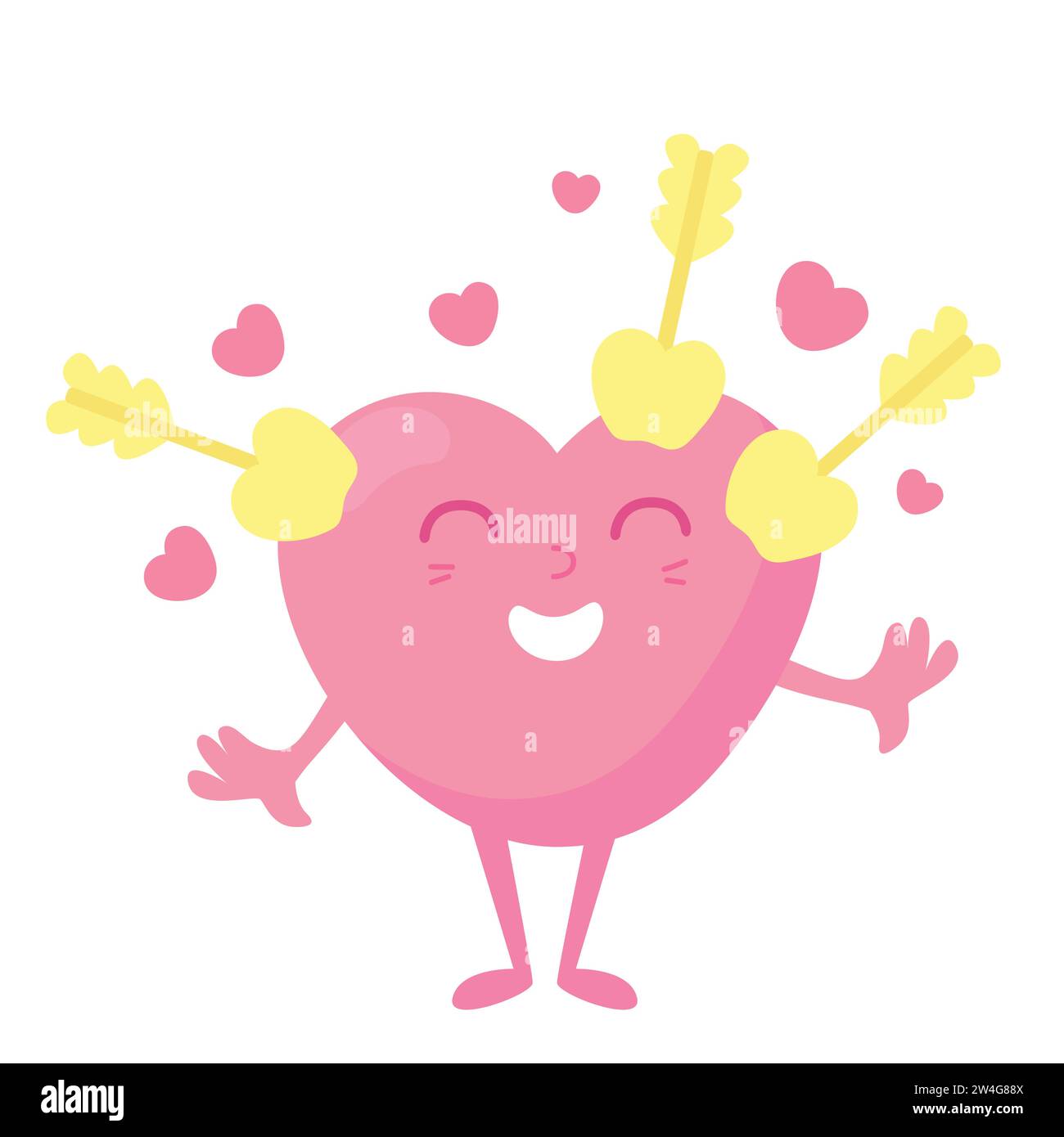 A pink heart with arrows hit is standing and smiling happily. Valentine's day cartoon illustration isolated on white background. Stock Vector