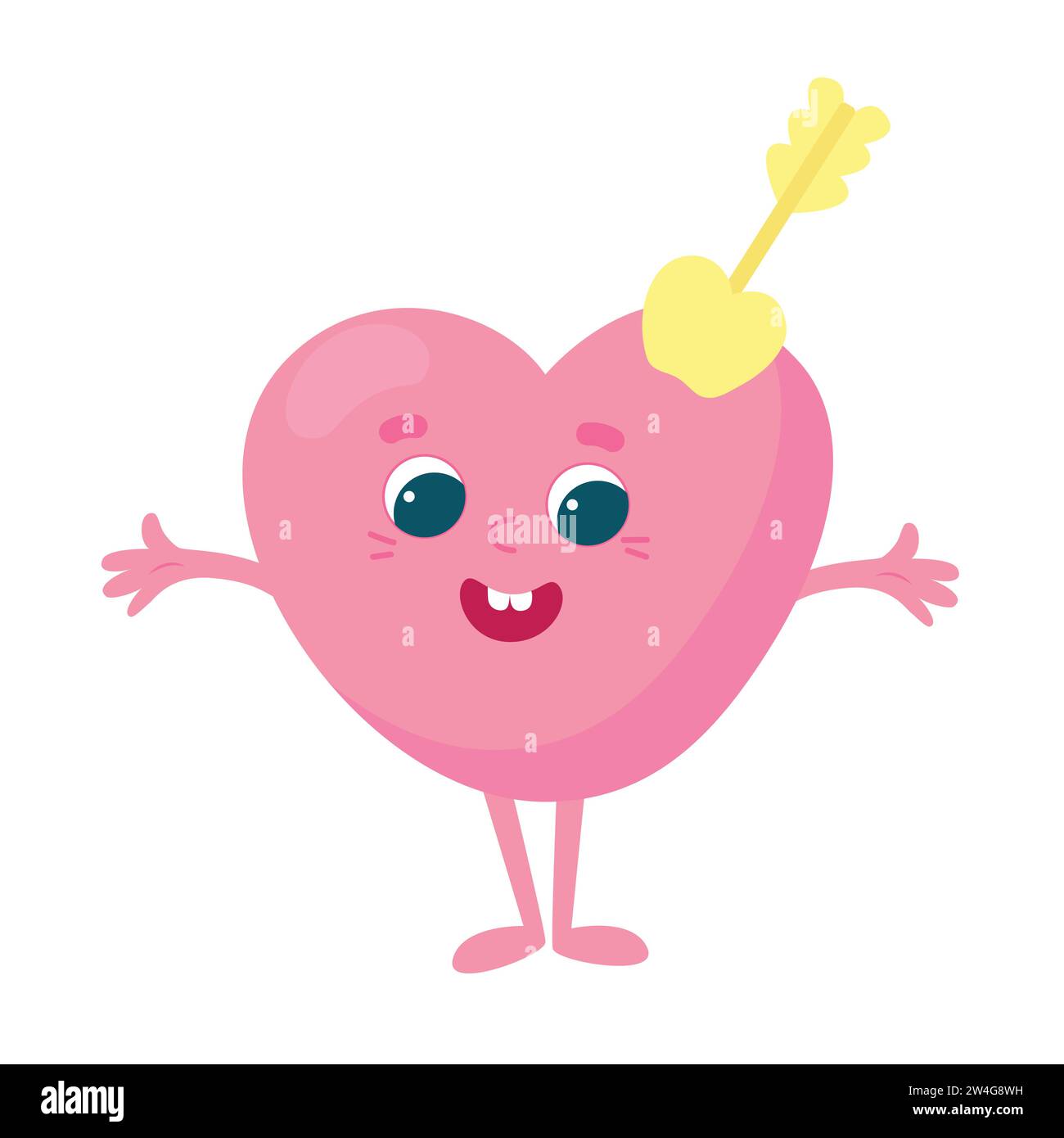 A pink heart with an arrow is standing and smiling happily. Cartoon illustration isolated on white background. Stock Vector