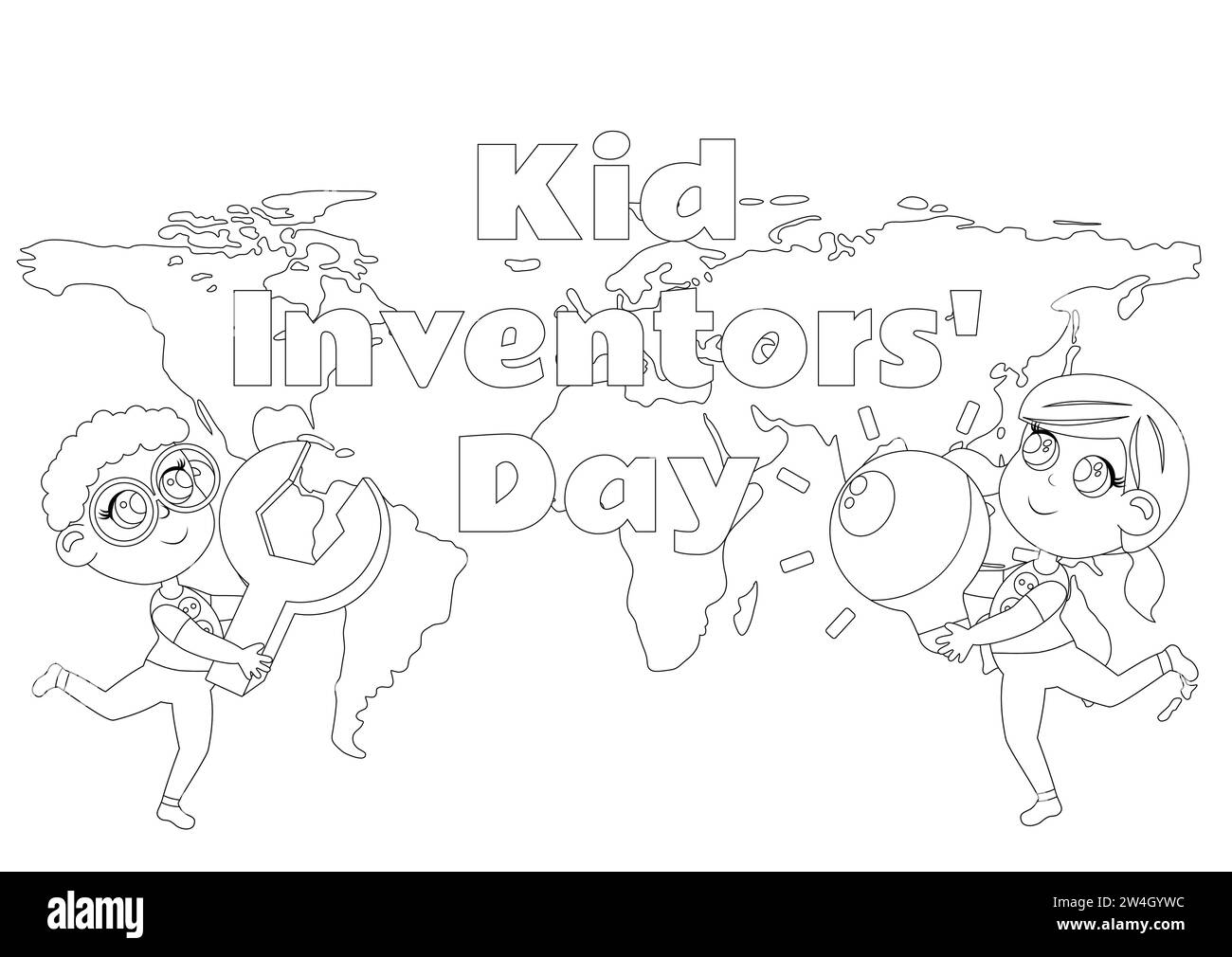Coloring page. Kid Inventors Day. Cute boy and girl with light bulb and wrench and text Children's Invention Day. Сartoon childish style. Stock Vector
