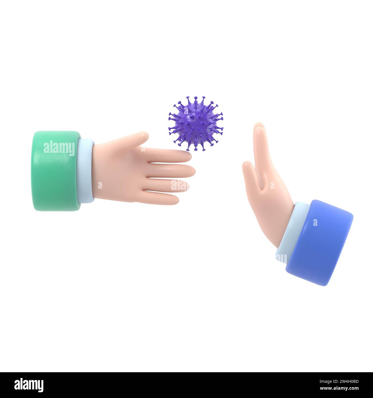 Bacteria on hand. Coronavirus transmitted through a handshake. Gesture No physical contact. 3d illustration cartoon flat design. Precautions and preve Stock Photo