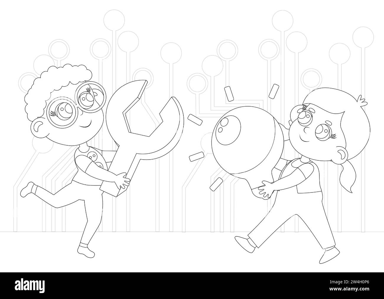 Coloring page. Kid Inventors Day. A boy and a girl carry a huge light bulb and a wrench as a symbol of inventions and research, inventing something ne Stock Vector