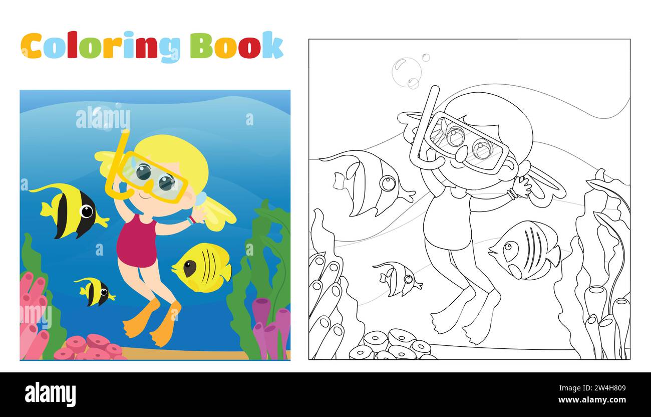 Coloring page. A happy girl in a swimsuit and fish swims near the coral reefs. Vertical scene in cartoon style. Stock Vector