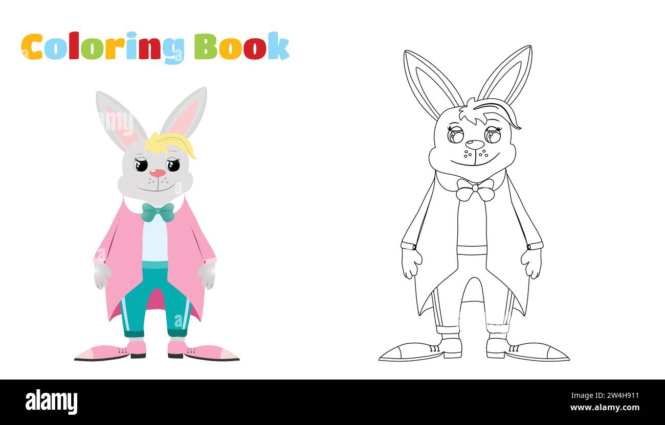 Coloring page. Cute and funny bunny. Vector illustration of cartoon character. Rabbit dressed in a jacket, pants and tie. Stock Vector