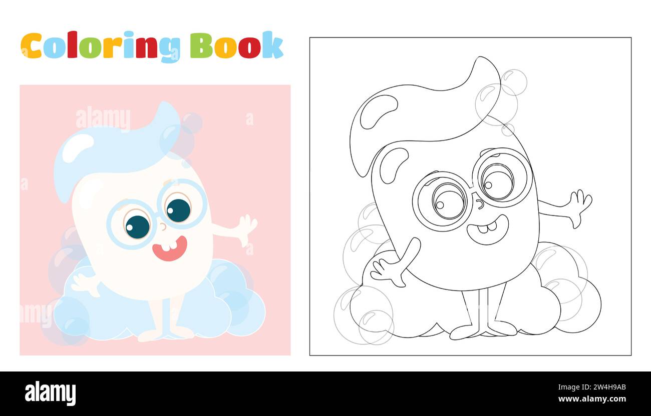Coloring page. Little healthy baby tooth with toothpaste on top in soap bubbles. Tooth smiles happily and wears glasses. Character design. Care and he Stock Vector