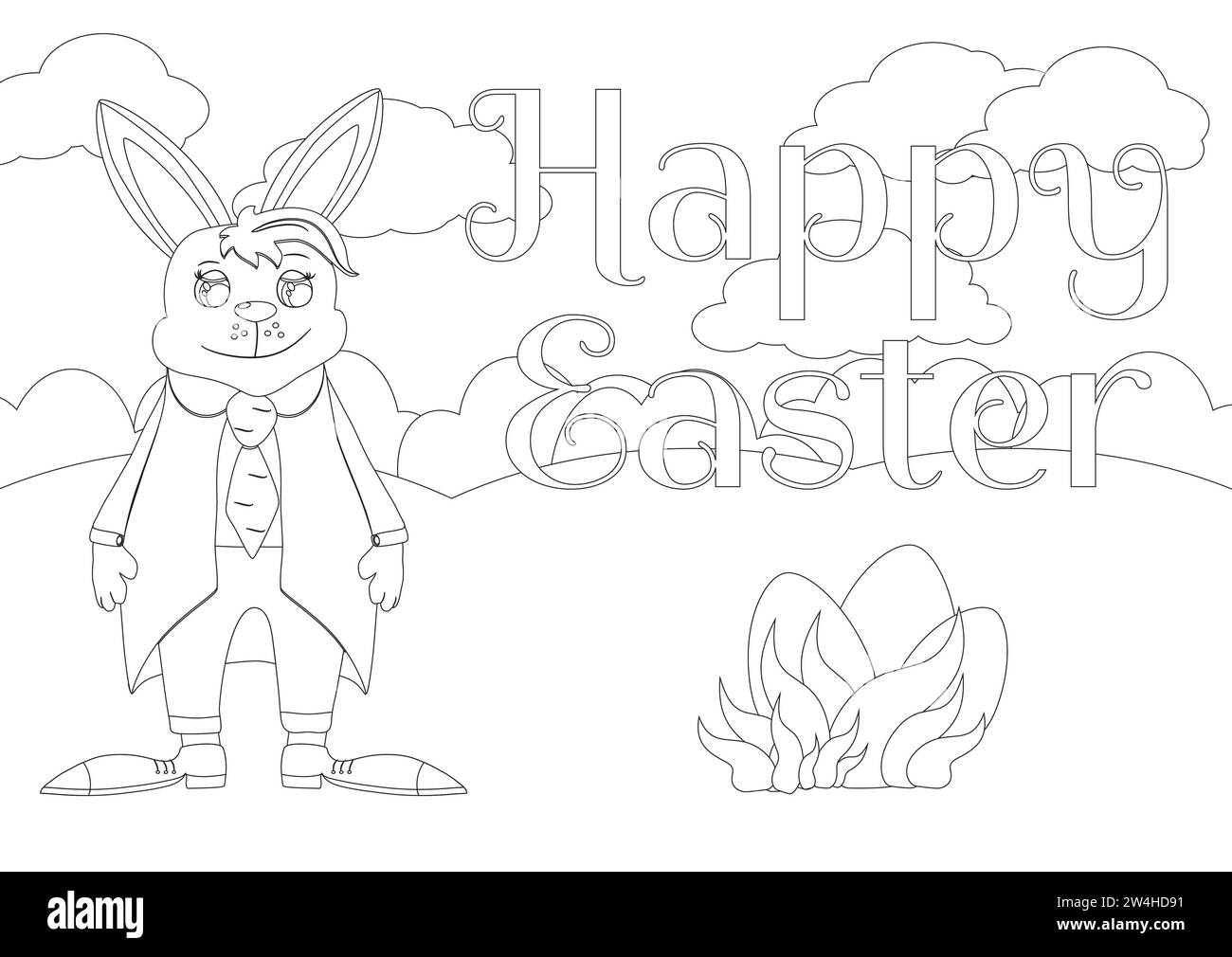 Coloring page. An Easter Bunny dressed in a jacket and trousers stands right on the field and in front of him are eggs in the grass. Horizontal banner Stock Vector