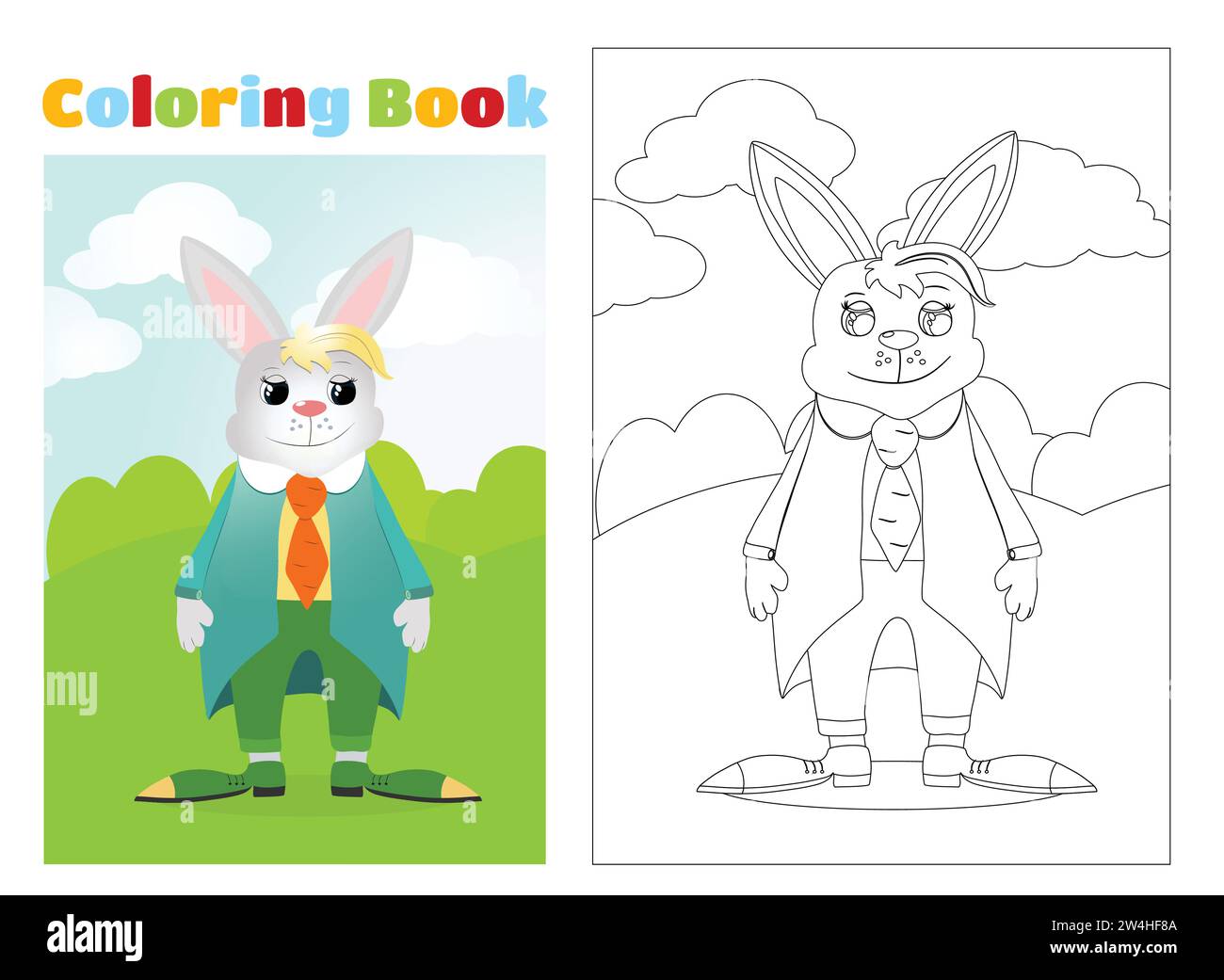 Coloring page. An Easter Bunny dressed in a jacket and trousers stands right on the field and in front of him are eggs in the grass. Stock Vector