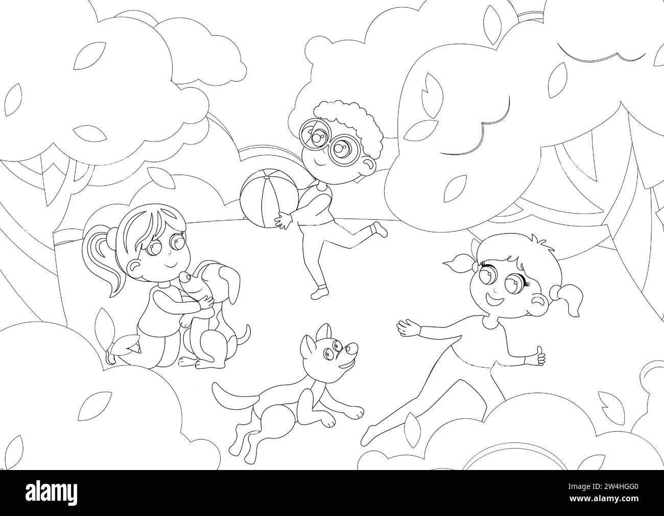 Coloring page. Group of children playing with pets and ball in nature. Beautiful summer or spring day in nature. Stock Vector