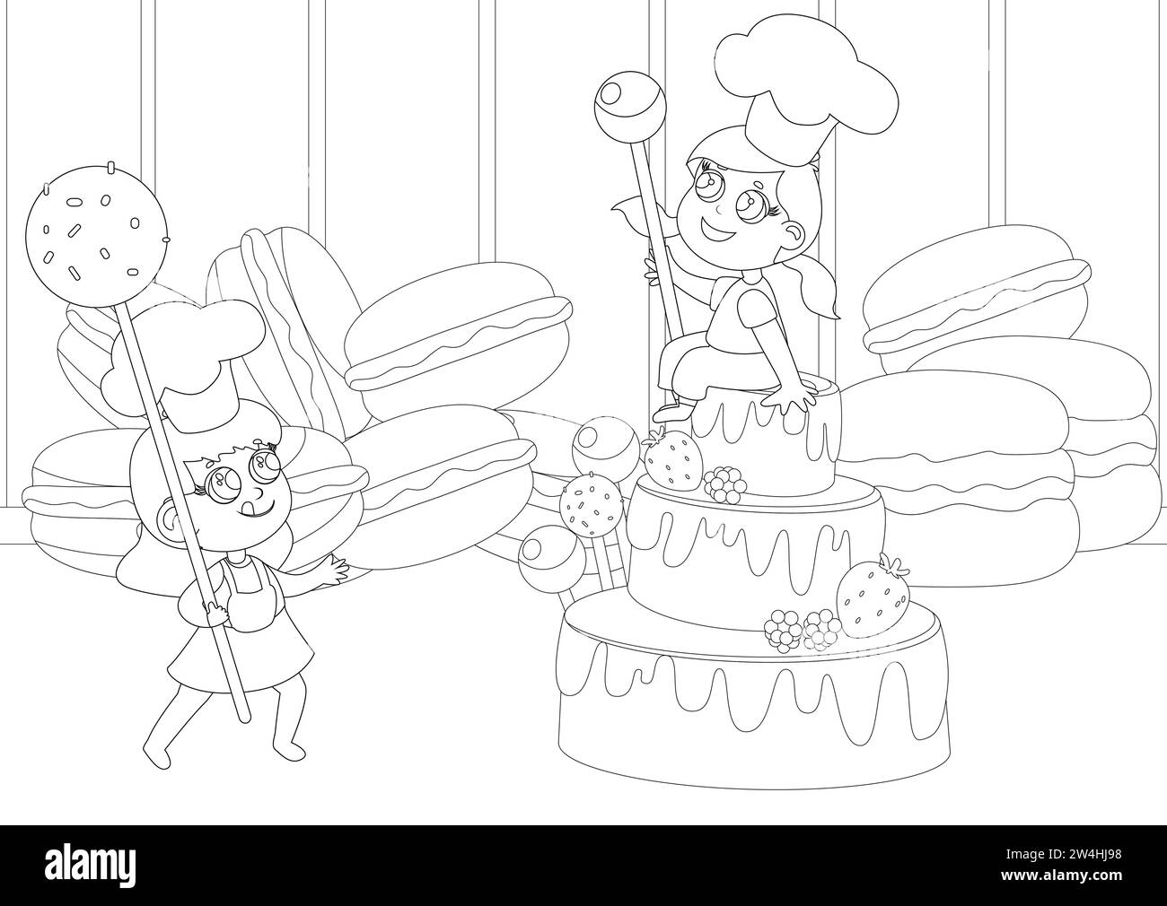 Coloring page. Children near huge cake sweets, macaroons and marshmallows, candy pop. Humorous illustration of children's love for sweets. Stock Vector