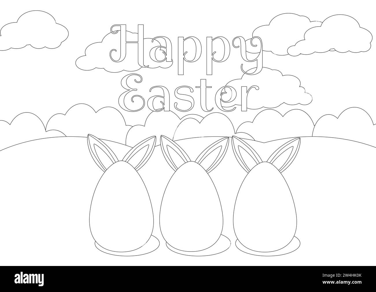 Coloring page. Close-up of painted eggs on green grass with rabbit ears sticking out behind the eggs. Horizontal banner with green meadow and blue sky Stock Vector