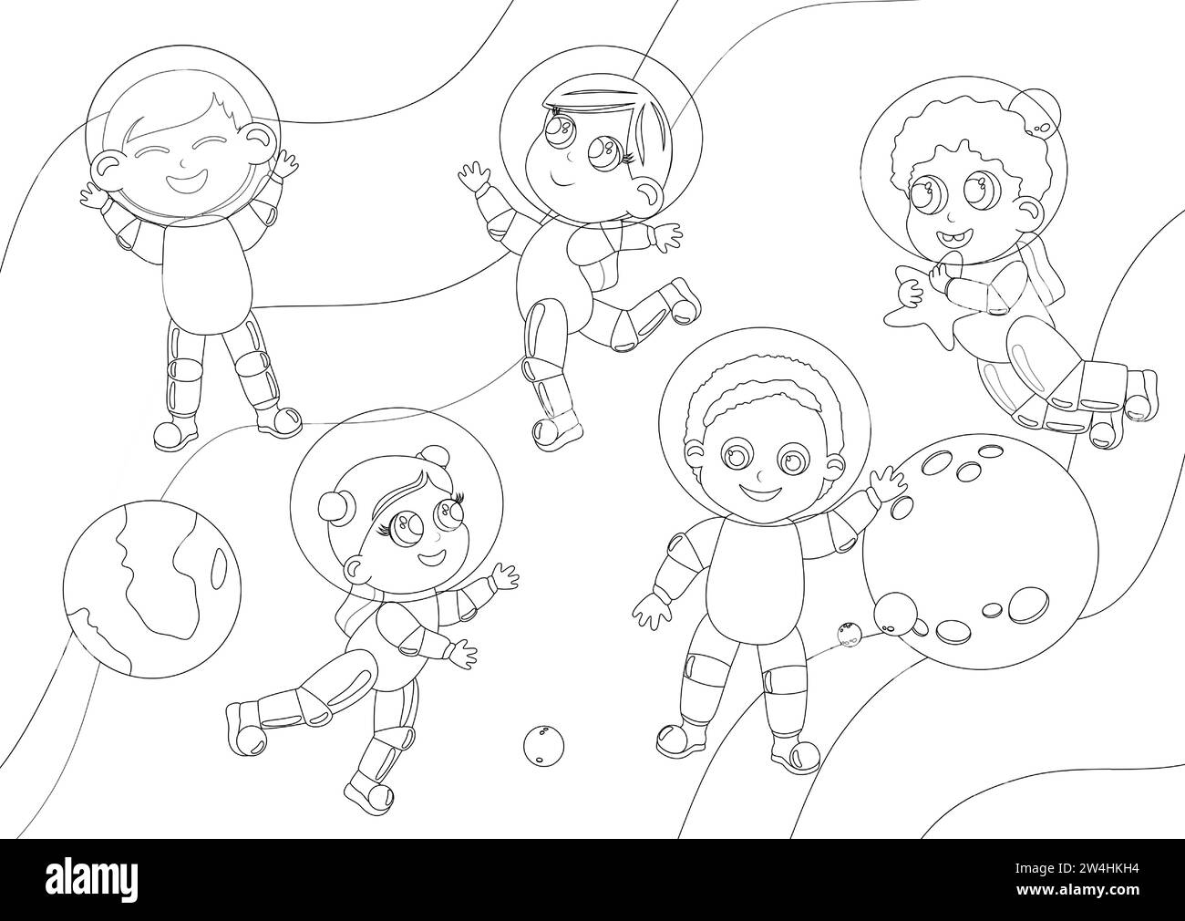 Coloring page. Children of a girl and a boy in astronaut costumes are in outer space. They have fun against the backdrop of Planet Earth and other pla Stock Vector