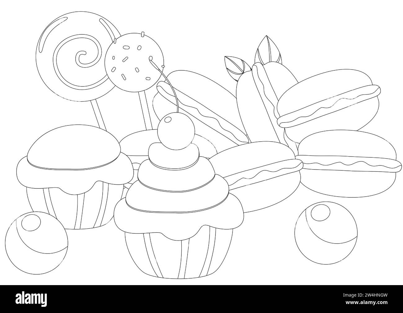 Coloring page. Sweets confectionery donut, muffin, lollipop, macaron. Horizontal banner illustration of sweets in cartoon style. Stock Vector