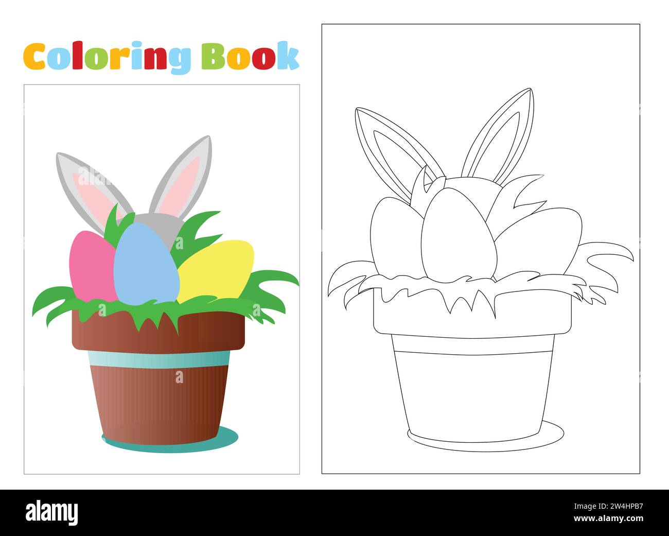 Coloring page. Pot with painted eggs and the ears of the Easter Bunny stick out from behind. Stock Vector