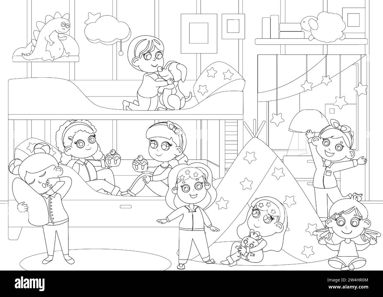 Coloring page. Children's pajama party in the bedroom in a cartoon style. Children eat cupcakes, play, dance, talk near the double bed. Stock Vector