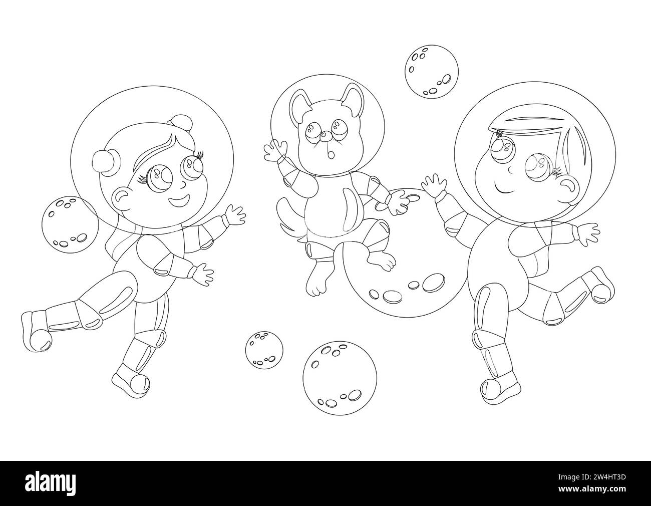 Coloring page. Two girls with big eyes and a dog are dressed in an astronaut suit and a helmet. Children are happy and fly in outer space. Cartoon sty Stock Vector