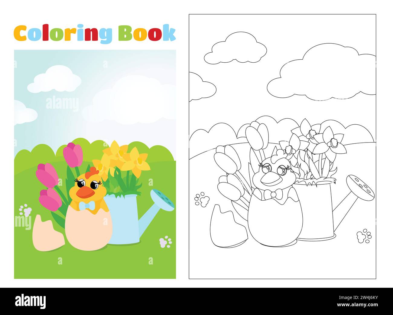 Coloring page. On a green meadow there is a charming chicken and a watering can and flowers tulips and daffodils. Vertical banner for spring holiday. Stock Vector