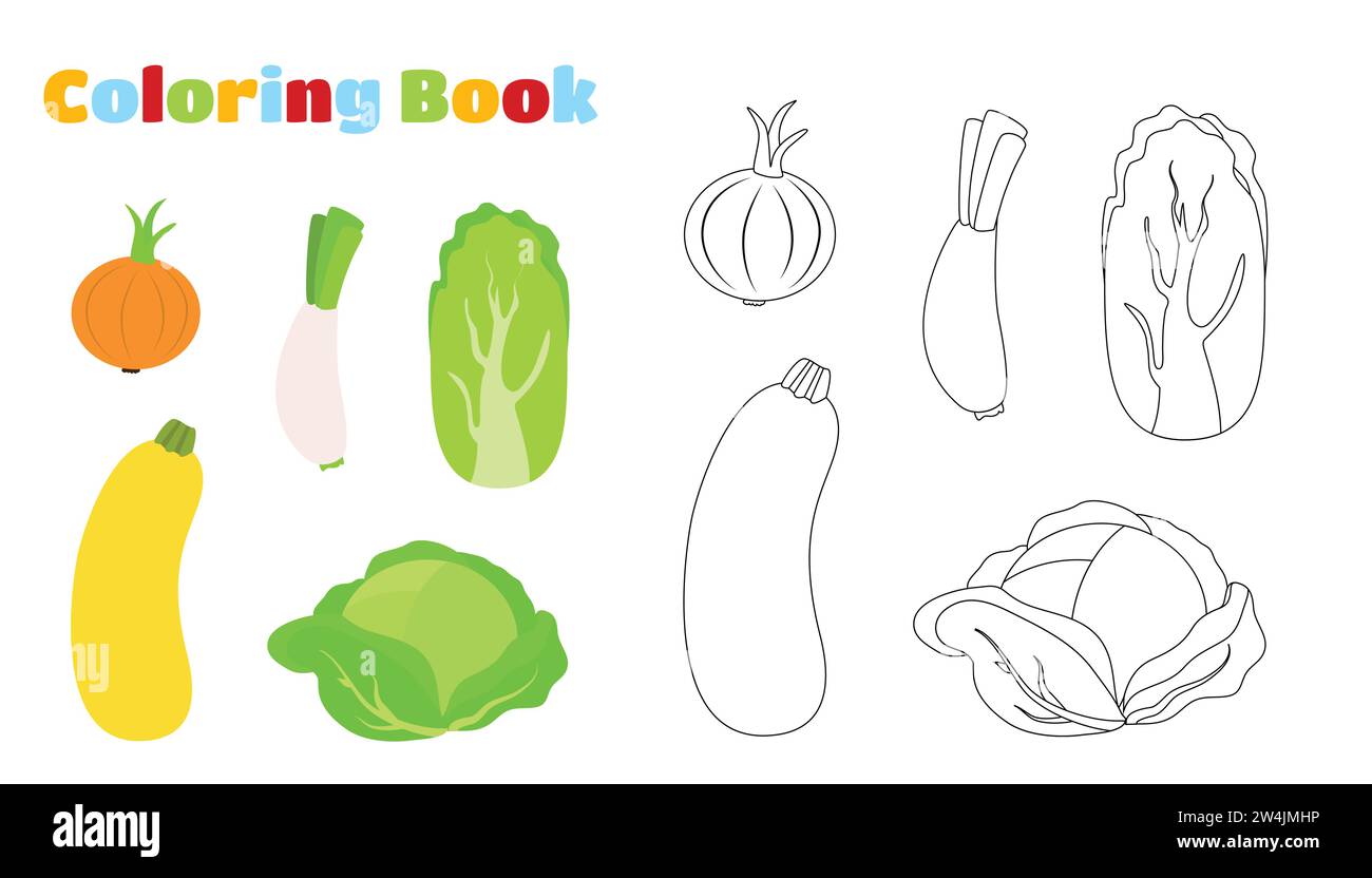 Coloring page. Set of vegetables cabbage, Chinese cabbage, zucchini, onion and leek. Stock Vector