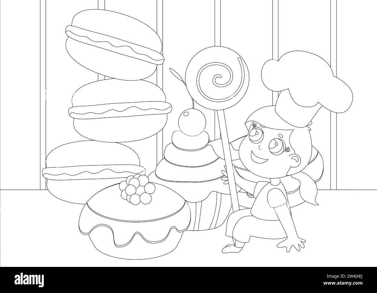 Coloring page. Girl with a huge lollipop near macaroons, cakes and muffins in cartoon style. Illustration of children's love for sweets. Stock Vector