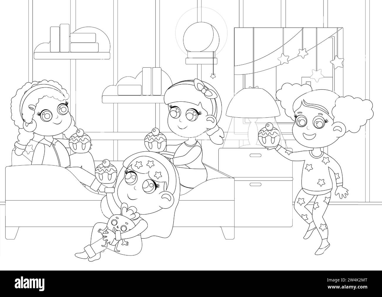 Coloring page. The children had a pajama party. The girls are dressed in pajamas and are in the bedroom. Children's room in a cartoon style. The bedro Stock Vector