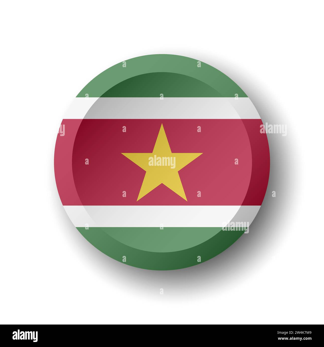 Suriname flag - 3D circle button with dropped shadow. Vector icon. Stock Vector