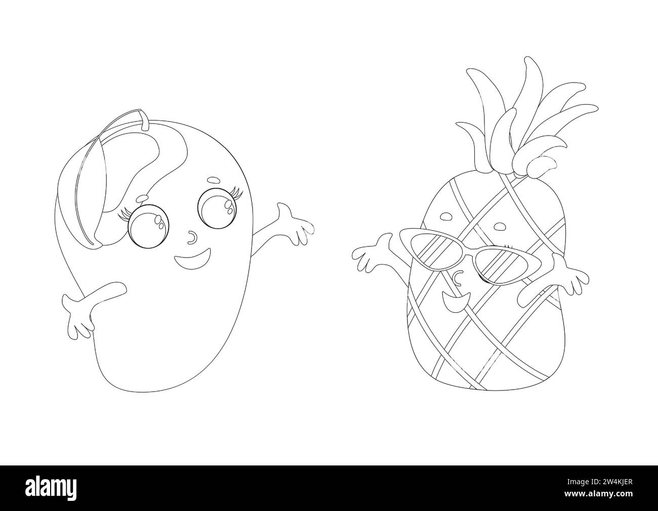 Coloring page. Mango and pineapple in cartoon style. Fruit has a face