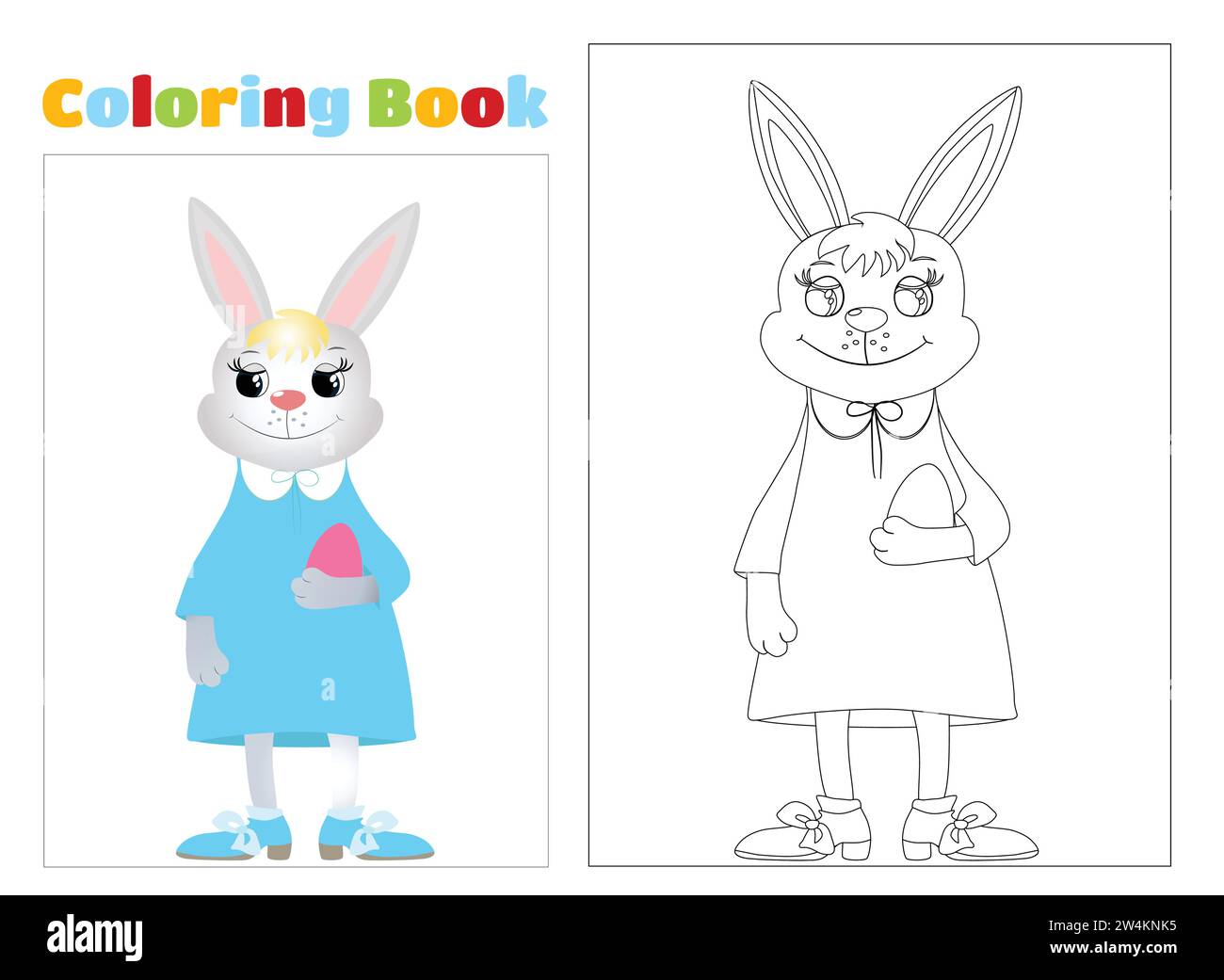 Coloring page. Happy Easter bunnies smiles happily. Vector illustration of a cartoon bunny  for easter cards. Stock Vector