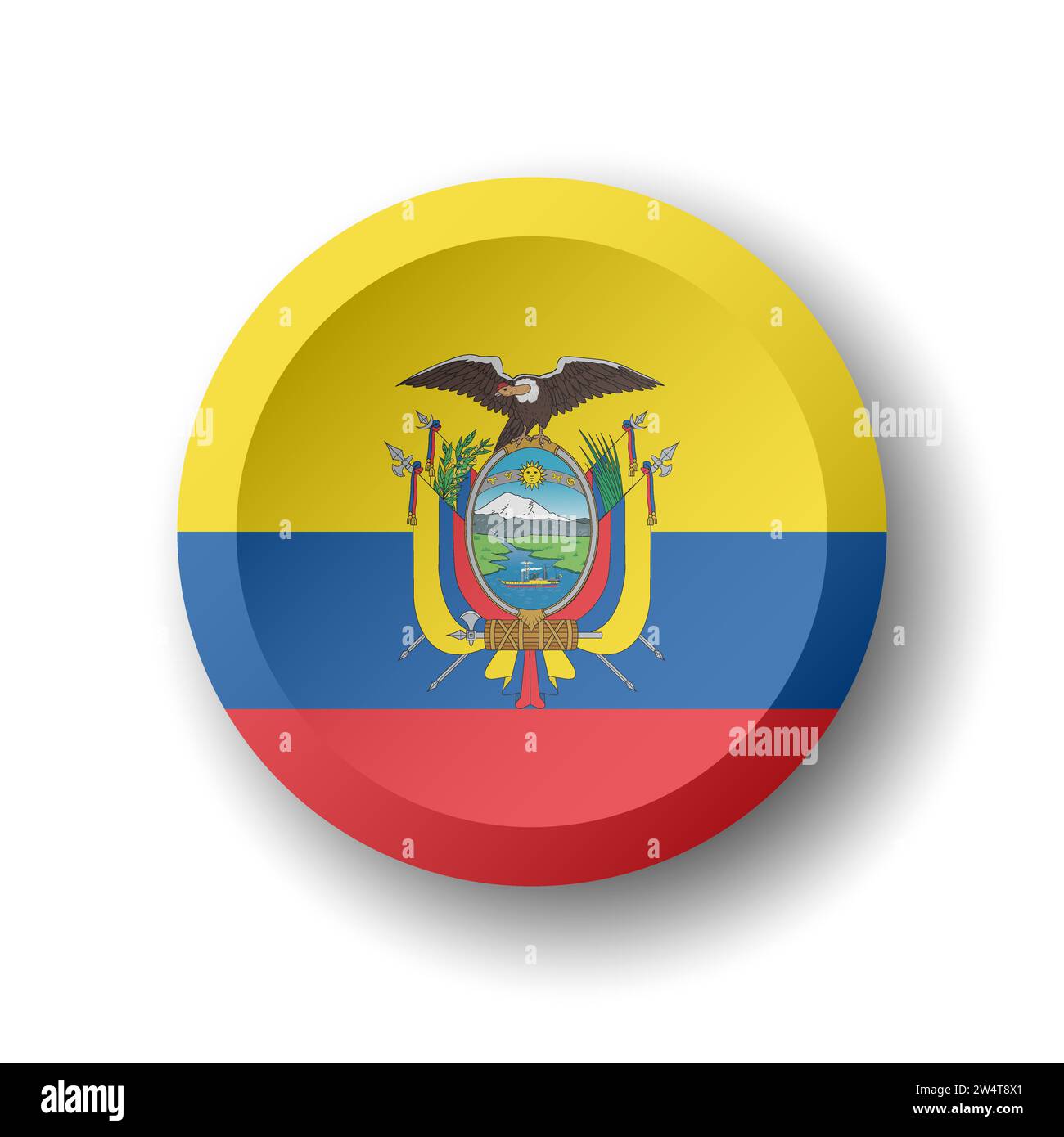 Ecuador flag - 3D circle button with dropped shadow. Vector icon. Stock Vector