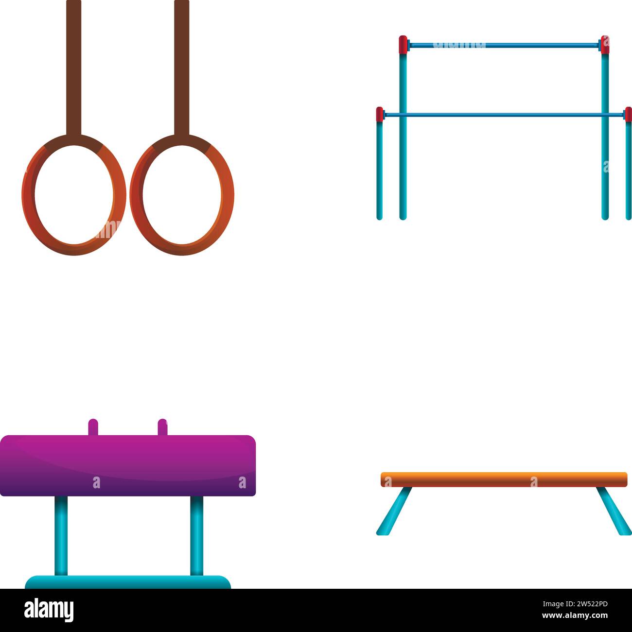 Gymnastic equipment icons set cartoon vector. Rings, pommel horse, horizontal bar. Sport concept Stock Vector