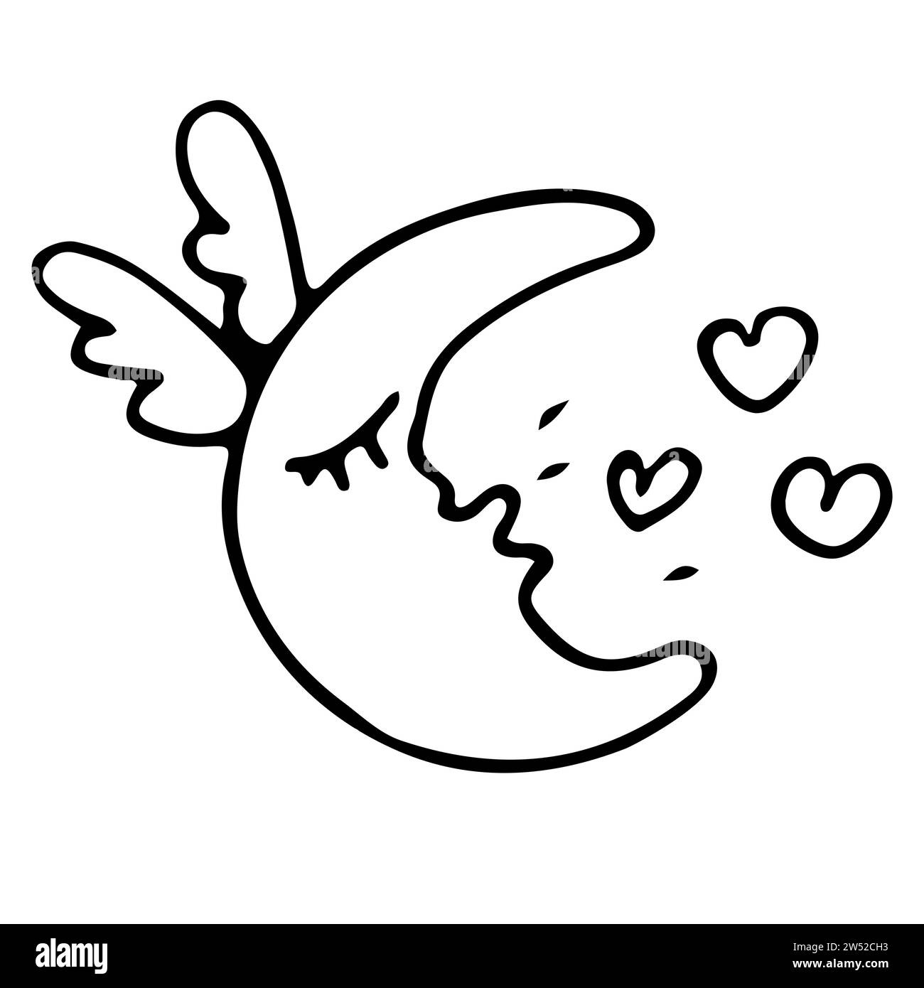 The winged moon kisses and hearts fly around. Vector sketch for Valentine's Day. Оutline doodle illustrates love, joy, fun. Stock illustration isolate Stock Vector