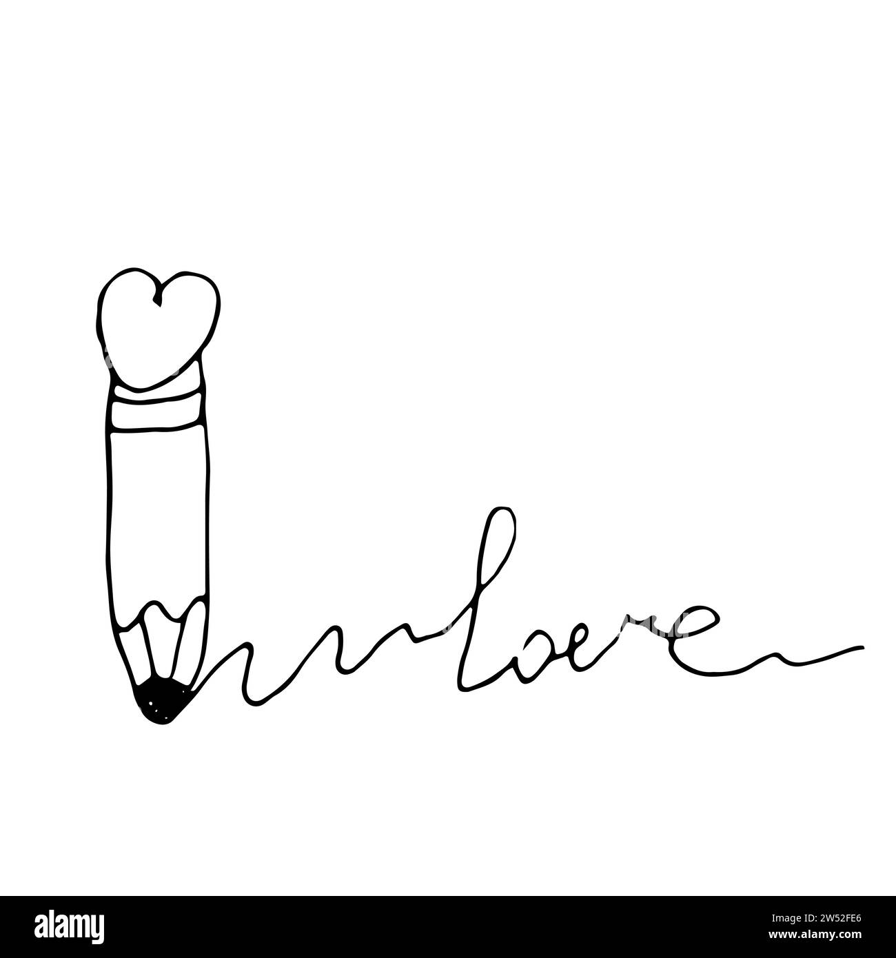Doodle pencil with a heart on top writes the word love. Hand drawn sketch  isolated on a white background. Stock Vector