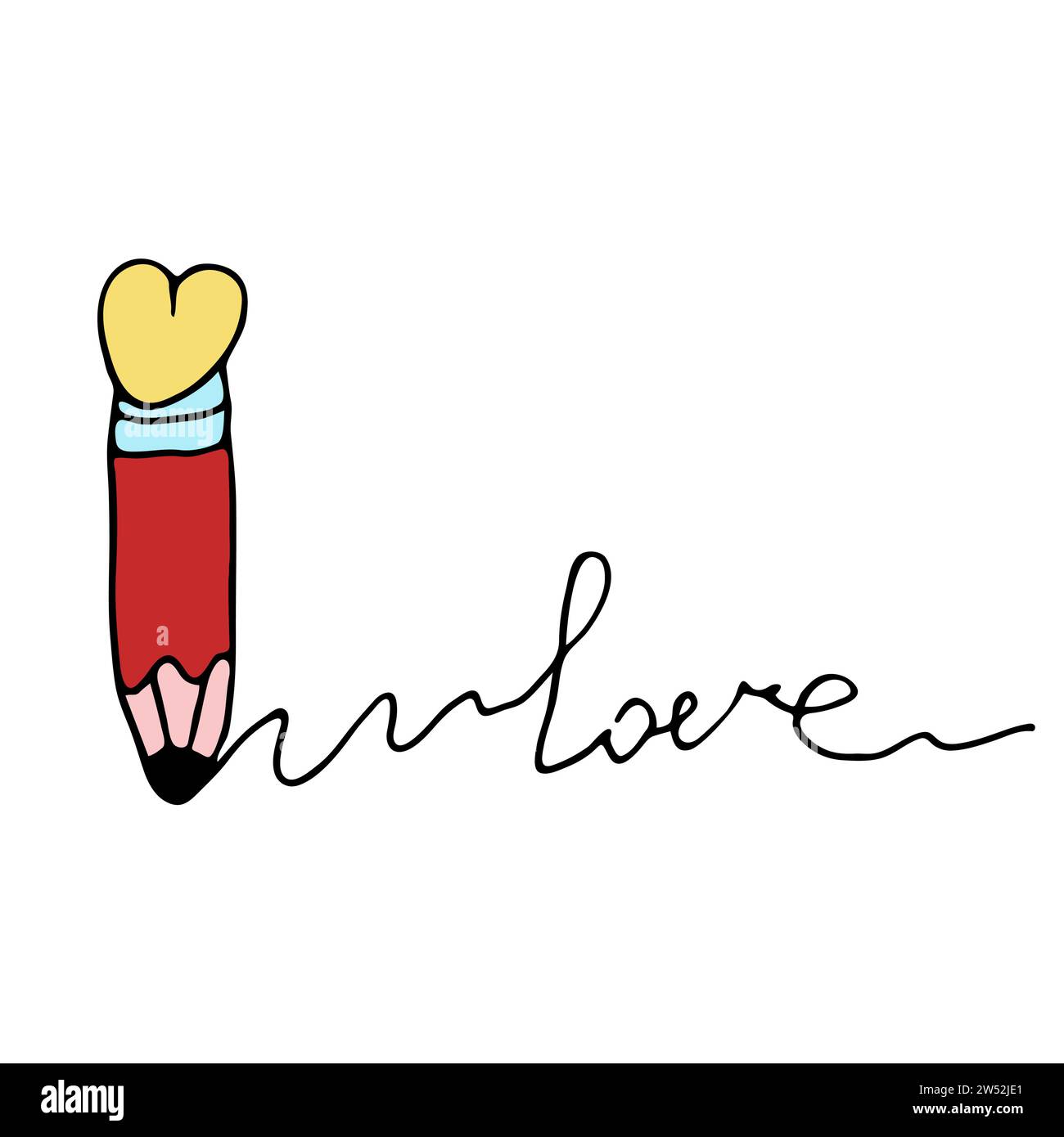 Doodle pencil with a heart on top writes the word love. Hand drawn sketch  in cartoon style of Valentine's Day isolated on a white background. Stock Vector