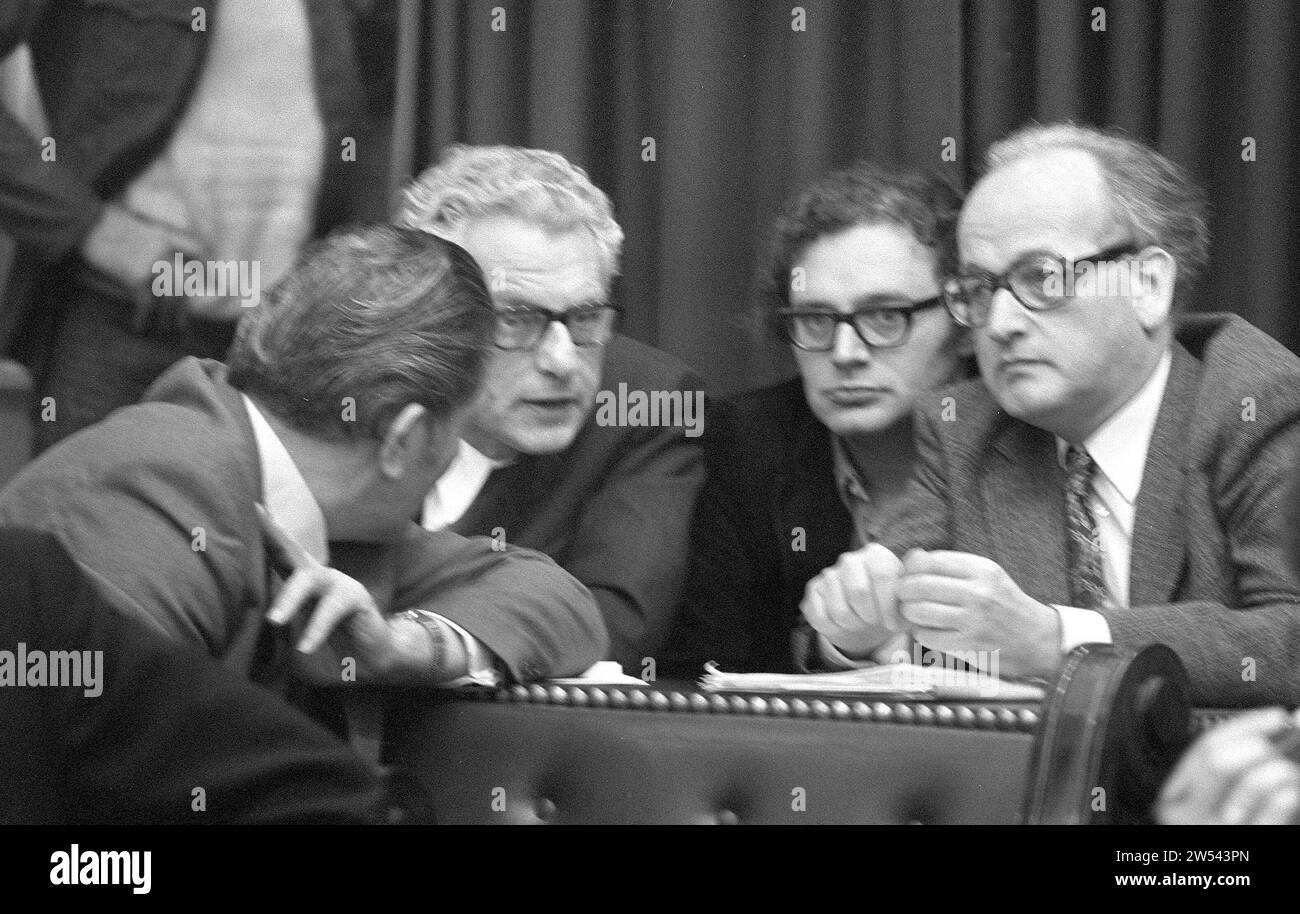 (original caption) Interpellation debate in the House of Representatives about the war in Vietnam Fre Meis , M. Bakker , A. de Leeuw and J. F. Wolf (all CPN) / ca. December 20, 1972 Stock Photo