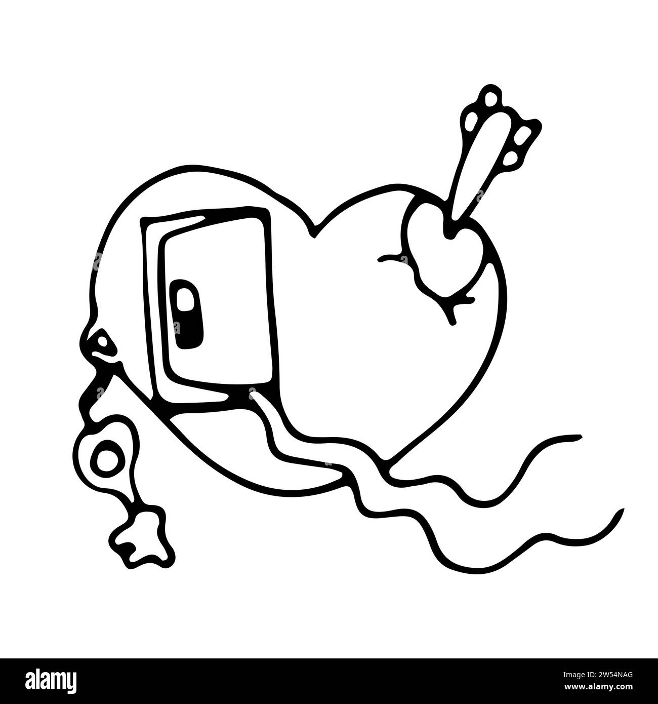 Doodle a big heart with an arrow, a door, a key and a path to the door. The concept of love, relationships, marriage, trust. Vector sketch in outline Stock Vector