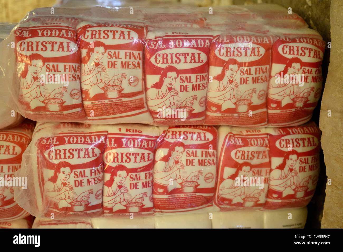 Bags of Salt taken from the Bolivian Salt Flats having been processed. Uyuni, Bolivia. Stock Photo