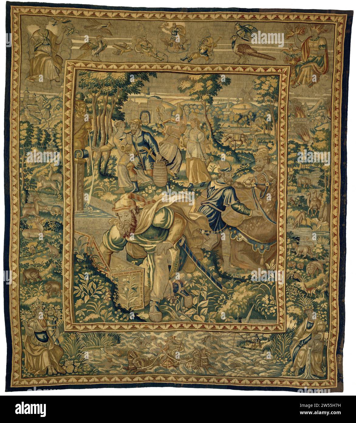 The arrival of Eliezer at the source, Anonymous, c. 1575 - c. 1600 Wall carpet with the arrival of Eliezer (Gen. 24 and 29), from a series of tapestries with the history of Rebekka and Eliëzer (Gen.24) with edges with animals and the four elements in the corners; With the weaver brand of Willem de Kempenere. Brussels Ketting: Wool. Entry: Wool. Entry: Silk tapestry Wall carpet with the arrival of Eliezer (Gen. 24 and 29), from a series of tapestries with the history of Rebekka and Eliëzer (Gen.24) with edges with animals and the four elements in the corners; With the weaver brand of Willem de Stock Photo