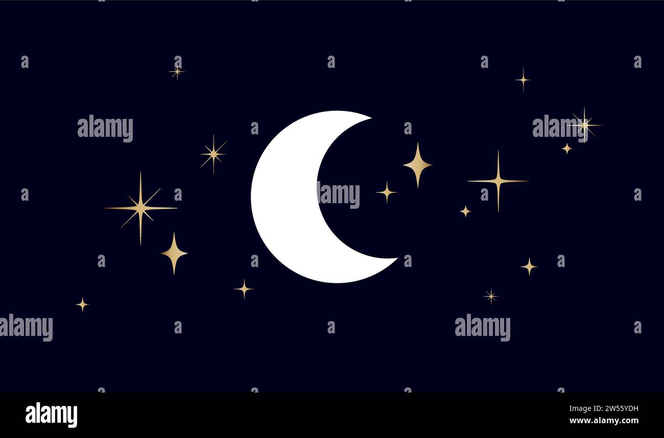 Moon, half moon, crescent with stars. Half moon, crescent with star, night sky background. Half moon symbol, graphic elements, light star shapes graphic, crescent icon collection. Vector Illustration Stock Vector