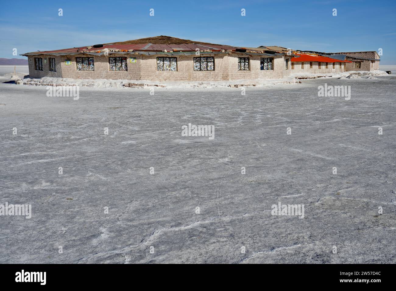 Salt hotel near the Dakar Bolivia Monument in Salar de Uyuni, near Colchani. Uyuni Salt Flat, Bolivia. Stock Photo