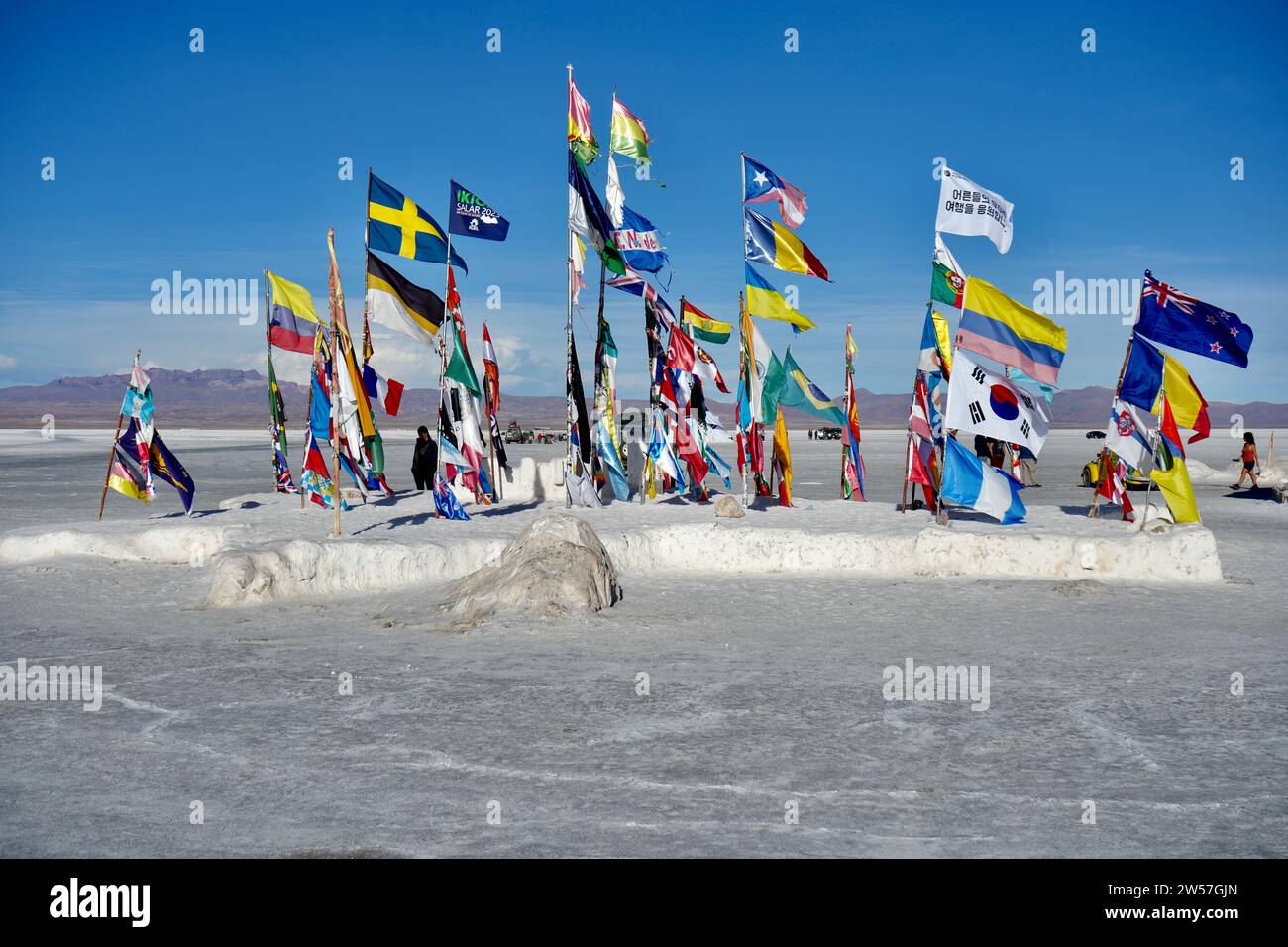 International Flags outside the Salt hotel near the Dakar Bolivia Monument in Salar de Uyuni, near Colchan. Uyuni Salt Flat, Bolivia. Stock Photo