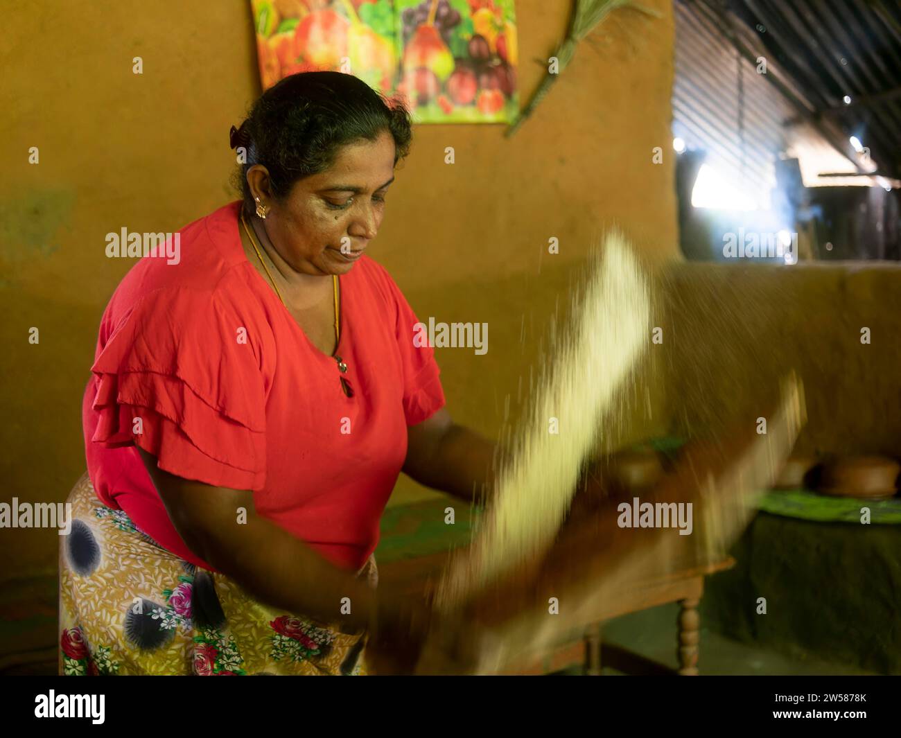 Sinhala woman shaking rice with basket, Sri Lanka Stock Photo