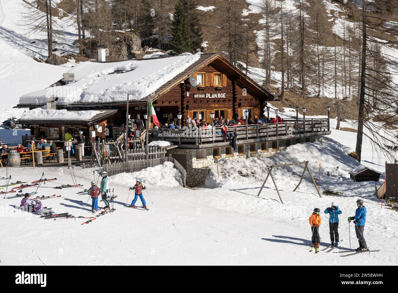 Ski hut Rifugio Plan Boe, ski area, Sella Ronda, Val di Fassa, Autonomous Region of Trento, South Tyrol, Italy Stock Photo