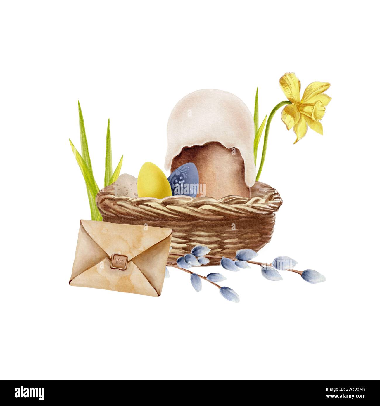 Easter set in watercolor. Wicker basket, Easter cake, eggs, daffodil
